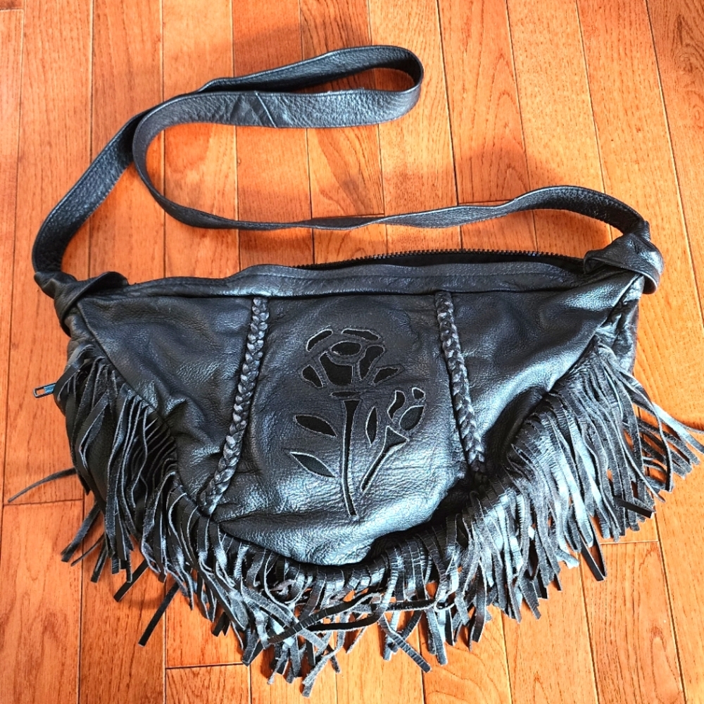 Black Leather Fringe Bag w/ Suede Roses design